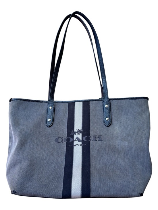 Coach Handbags - Coach Gray and Black Canvas Stripe Tote with Leather Handles